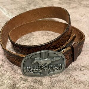 Mustang Embossed Leather Belt with Silver Buckle